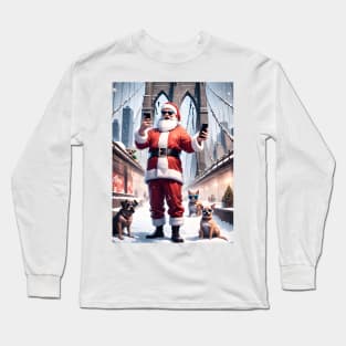 Santa Selfie with Pet on Brooklyn Bridge Long Sleeve T-Shirt